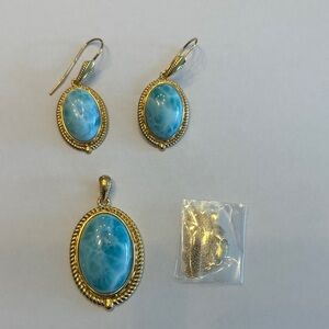 Sterling Silver Blue Larimar Oval Pendant and Earrings Set